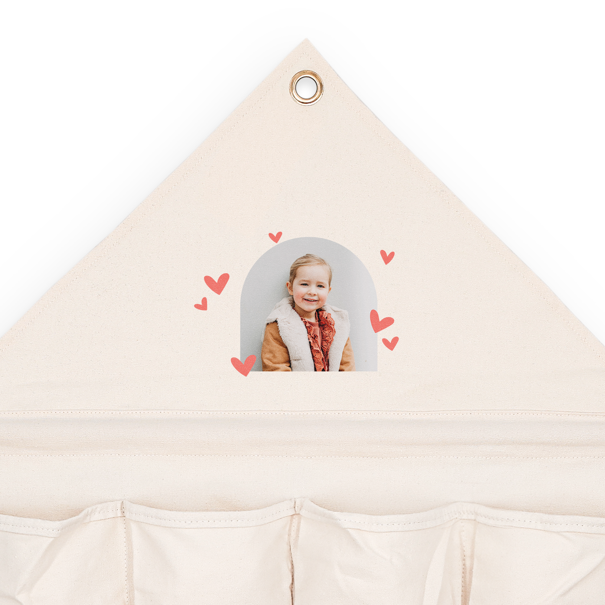 Rangement mural en tissu personnalisé avec photo d'une petite fille imprimée et petits coeurs roses