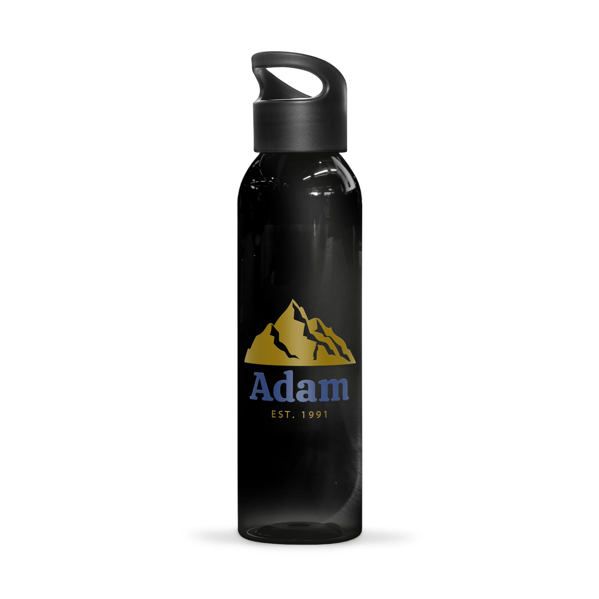 Black personalized water bottle printed with a golden mountain design and the name Adam EST 1991