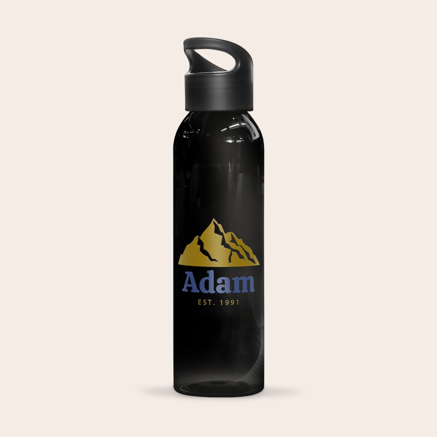 Water bottle - Printed Black personalized water bottle printed with a golden mountain design and the name Adam EST 1991