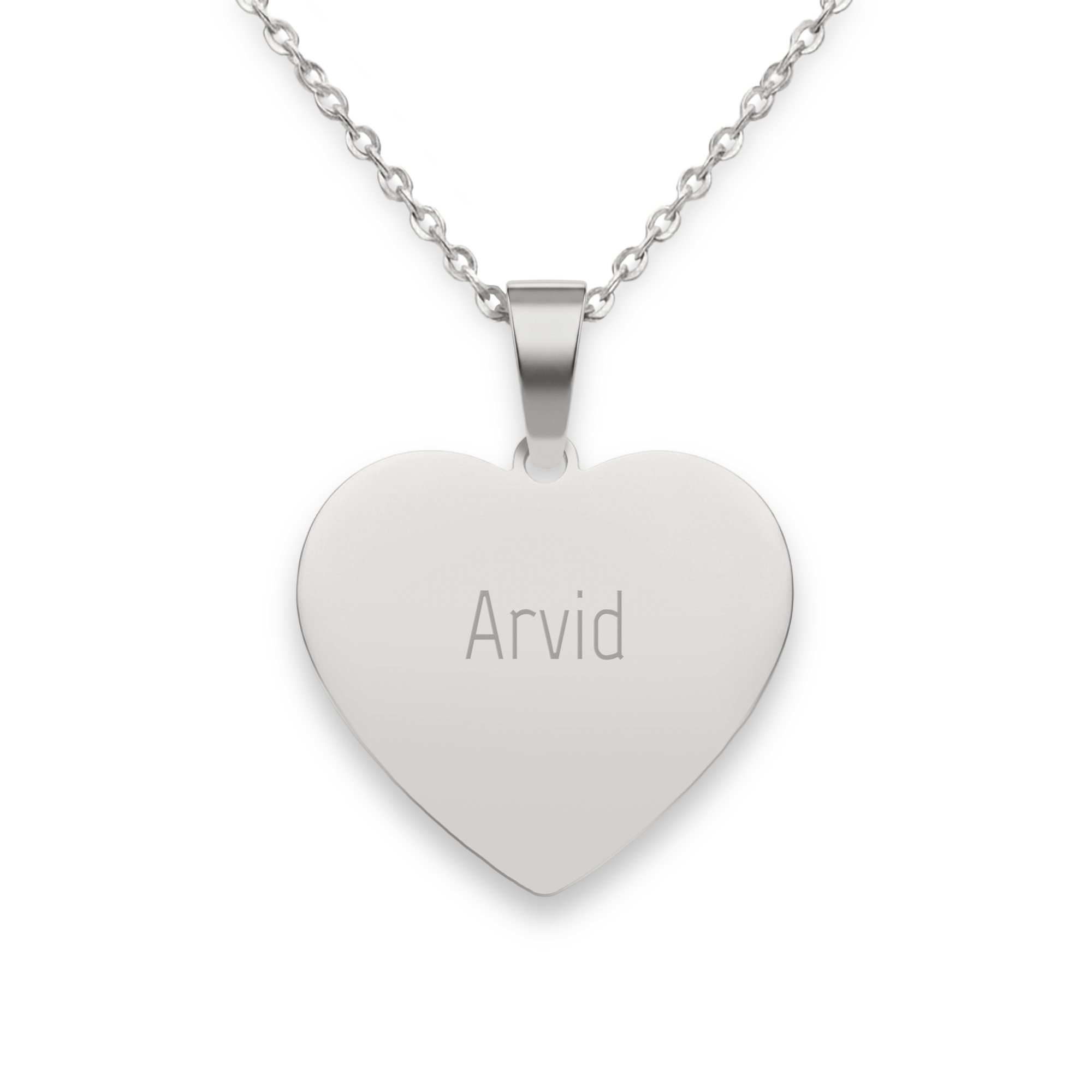 Halsband hjärthänge med text - Silver, graverat med namnet Arvid. Personligt smycke med valfri text.