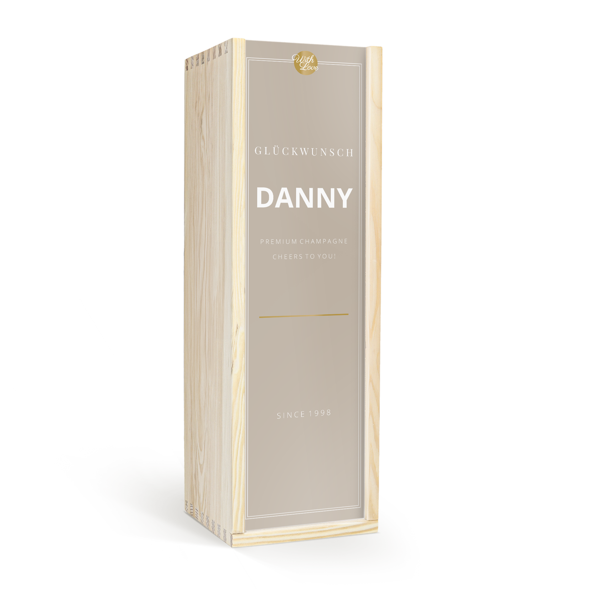 Personalisierte Weinkiste aus Holz für Magnumflaschen, bedruckt mit dem Namen Danny und dem Text Glückwünsch since 1998