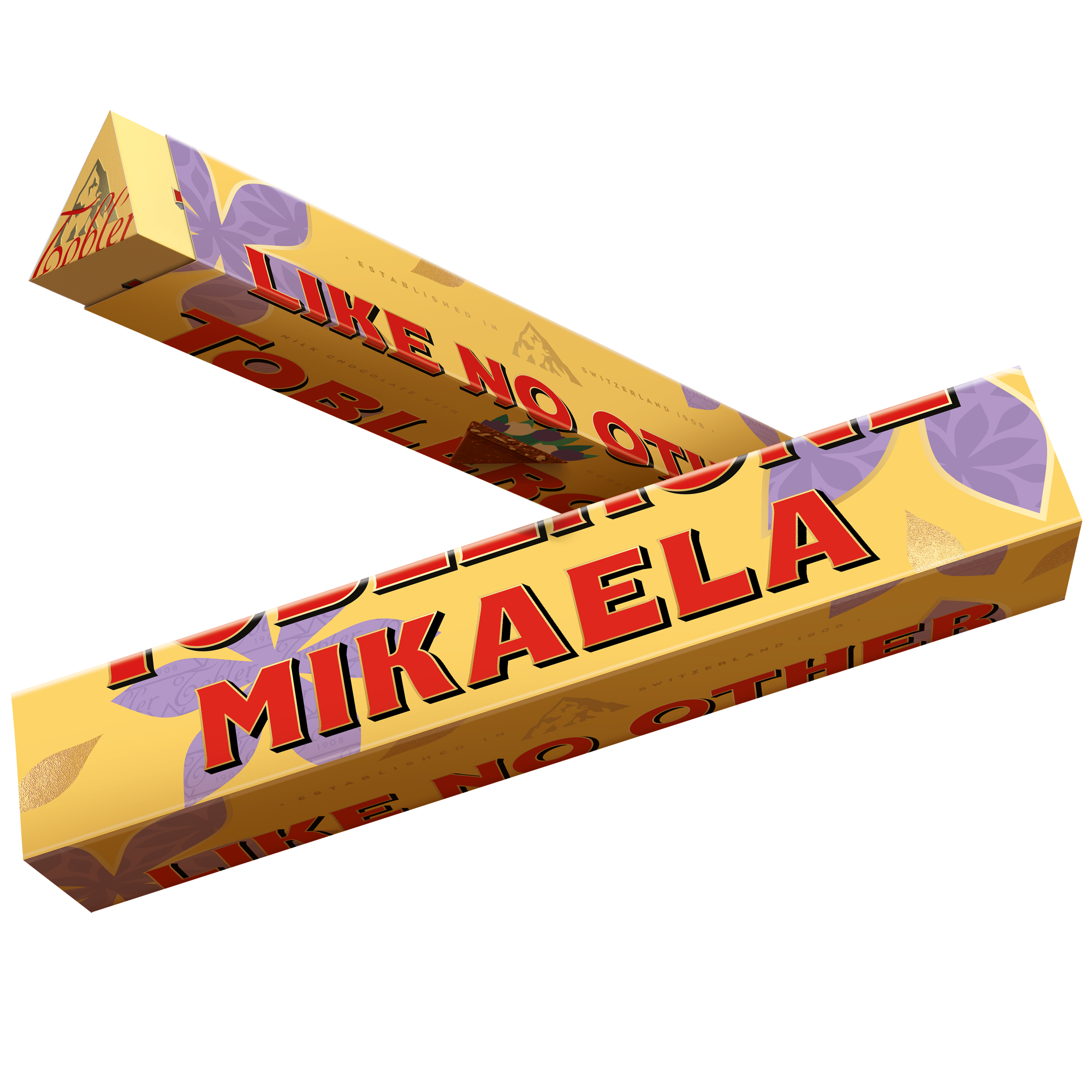 Personlig Toblerone-chokladkaka med namnet Mikaela tryckt på guldgul förpackning med lila blommor för att överraska din mamma.