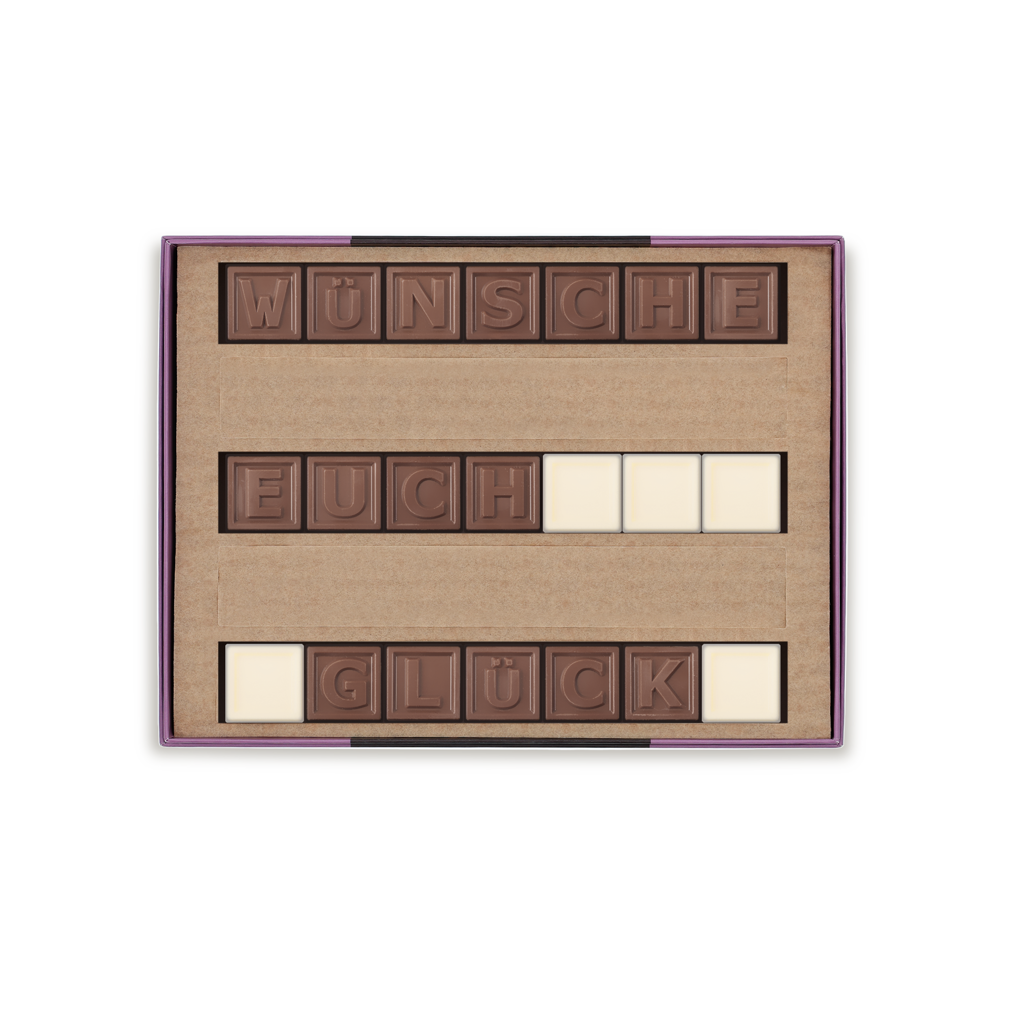 Genieße ein persönliches Schokoladentelegramm mit der Nachricht "Wünsche Euch Glück" aus Milchschokolade in Geschenkbox.