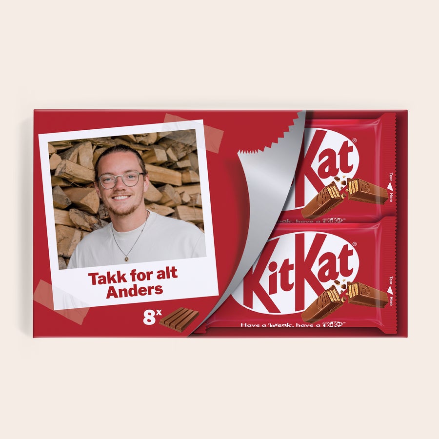 Personlig KitKat Bars gaveeske Rød KitKat Bars gaveeske med personlig bilde og "Takk for alt Anders" trykket på toppen.