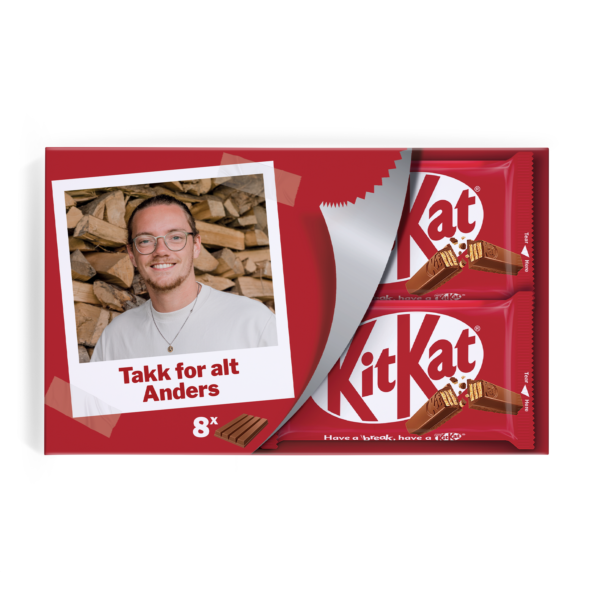Rød KitKat Bars gaveeske med personlig bilde og "Takk for alt Anders" trykket på toppen.