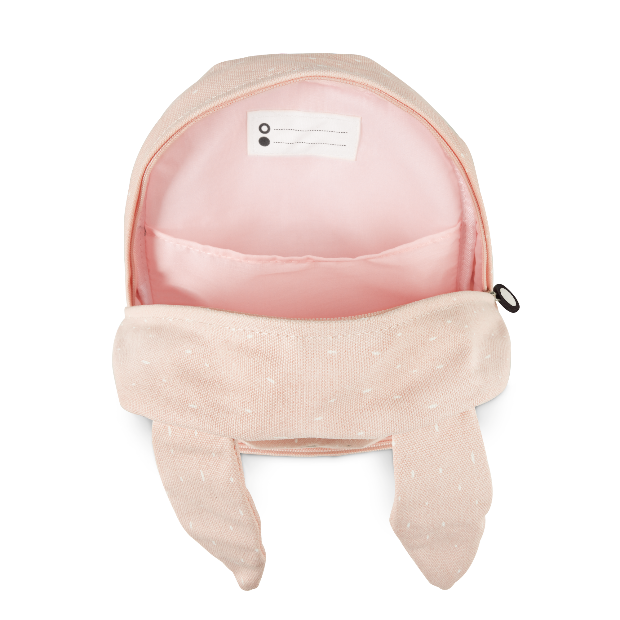 Open roze kinderrugzak met konijnenoren en stippen, bedrukt met naam voor ieder kind.