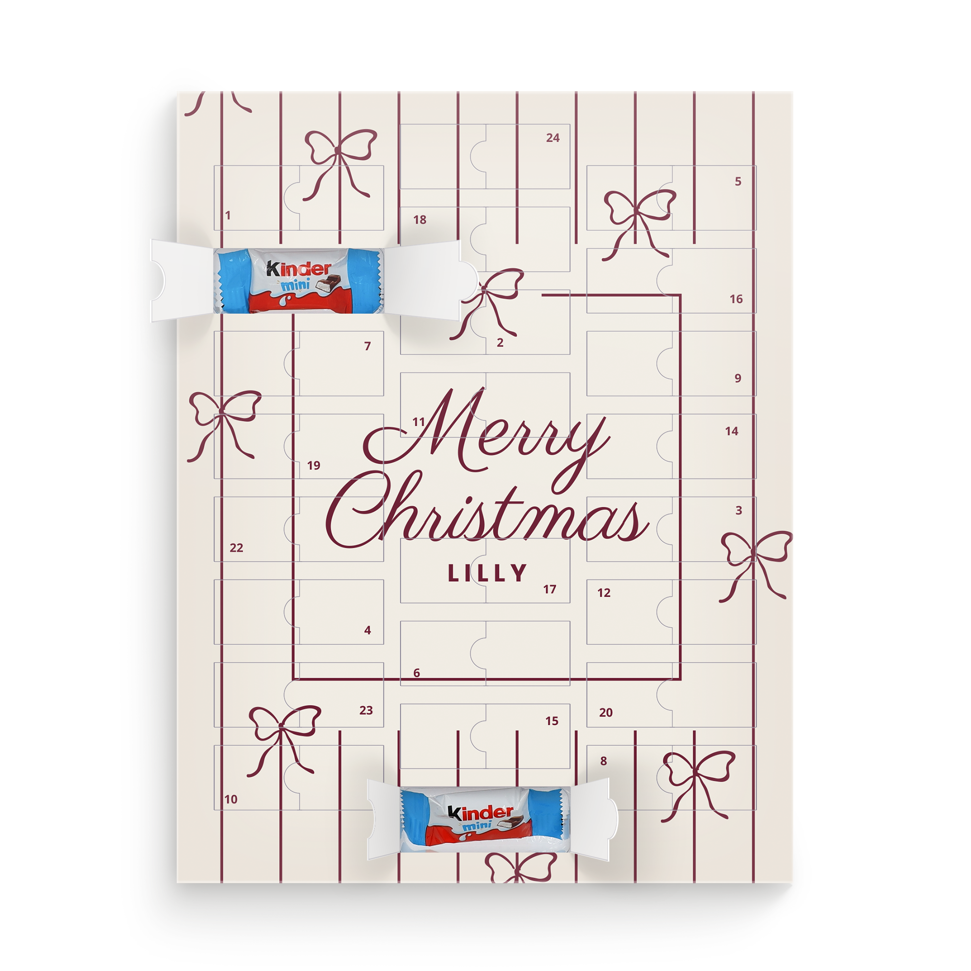 Mini calendrier de l'Avent en chocolat personnalisé pour enfants Merry Christmas Lilly, avec chocolats Kinder Mini