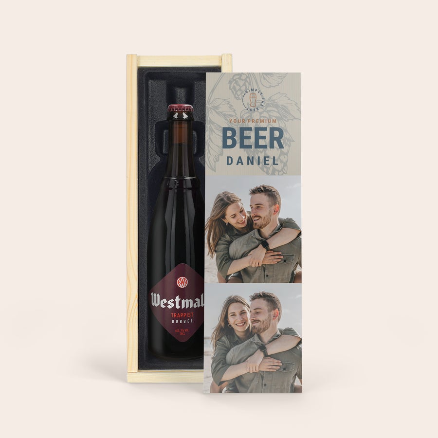 Personalised Beer Gift Box - Westmalle Dubbel & Tripel Westmalle Dubbel beer in a wooden case with a printed personal photo and text "Beer Daniel" for a special beer gift