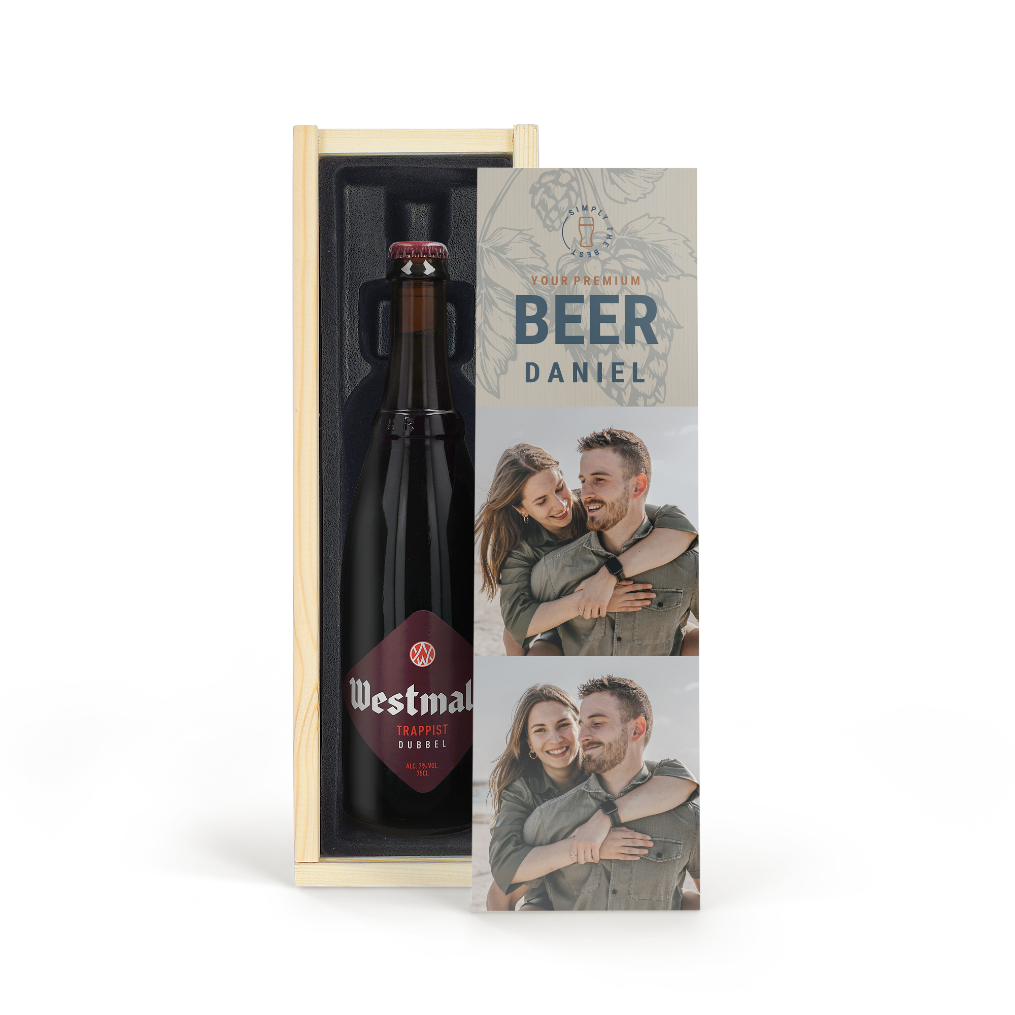 Piwo Westmalle Dubbel w drewnianej skrzynce z kolorowym nadrukiem dwóch zdjęć i tekstem Daniel to idealny prezent na piwo