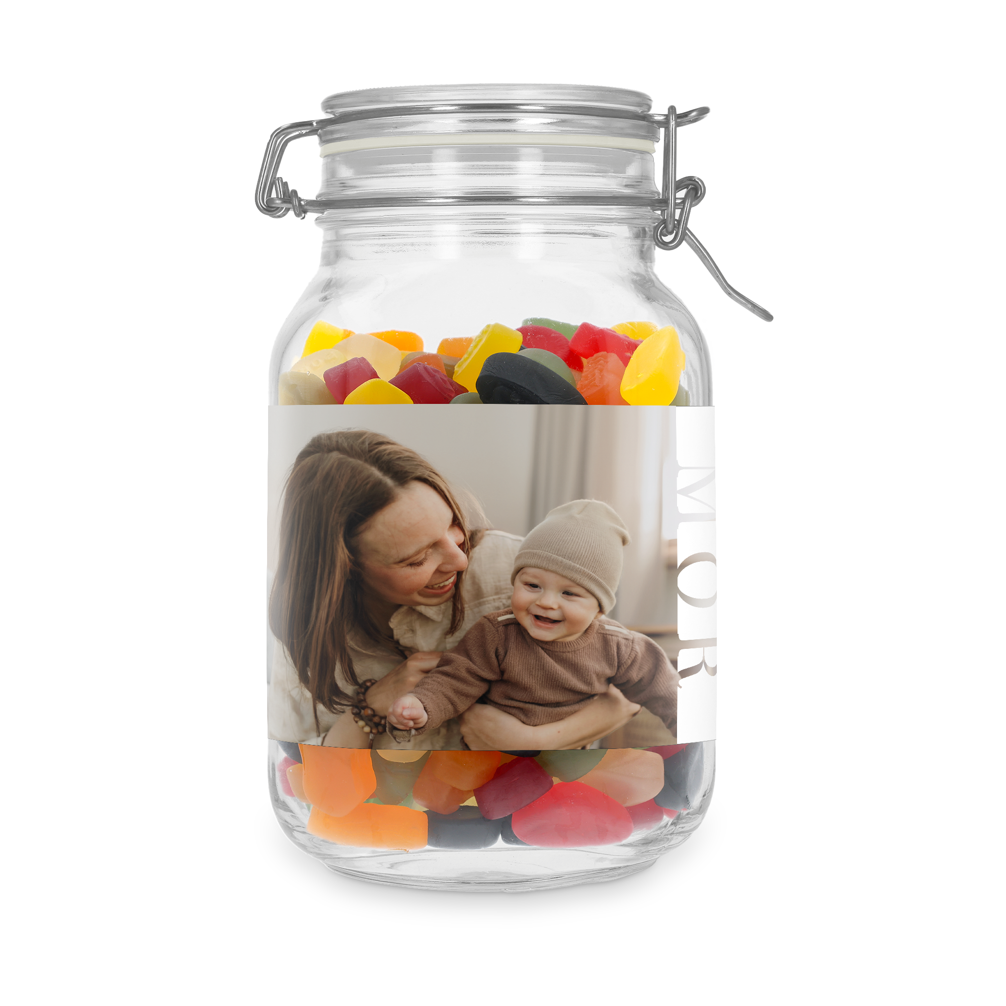 Glaskrukke fyldt med engelsk vingummi, printet med et personligt billede af mor og baby og teksten MOR