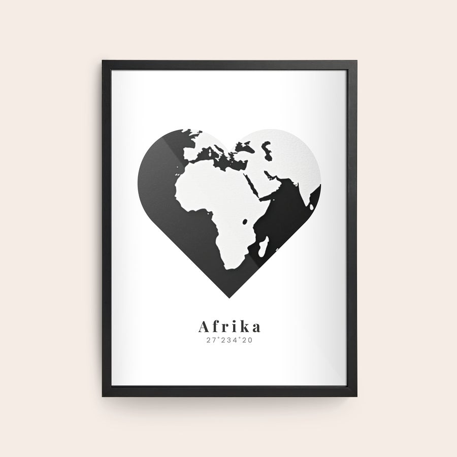 Foto Stampata con Cornice Stampa fotografica personalizzata Africa con cornice in legno laccato nero, stampata con il testo Afrika 27°234°20