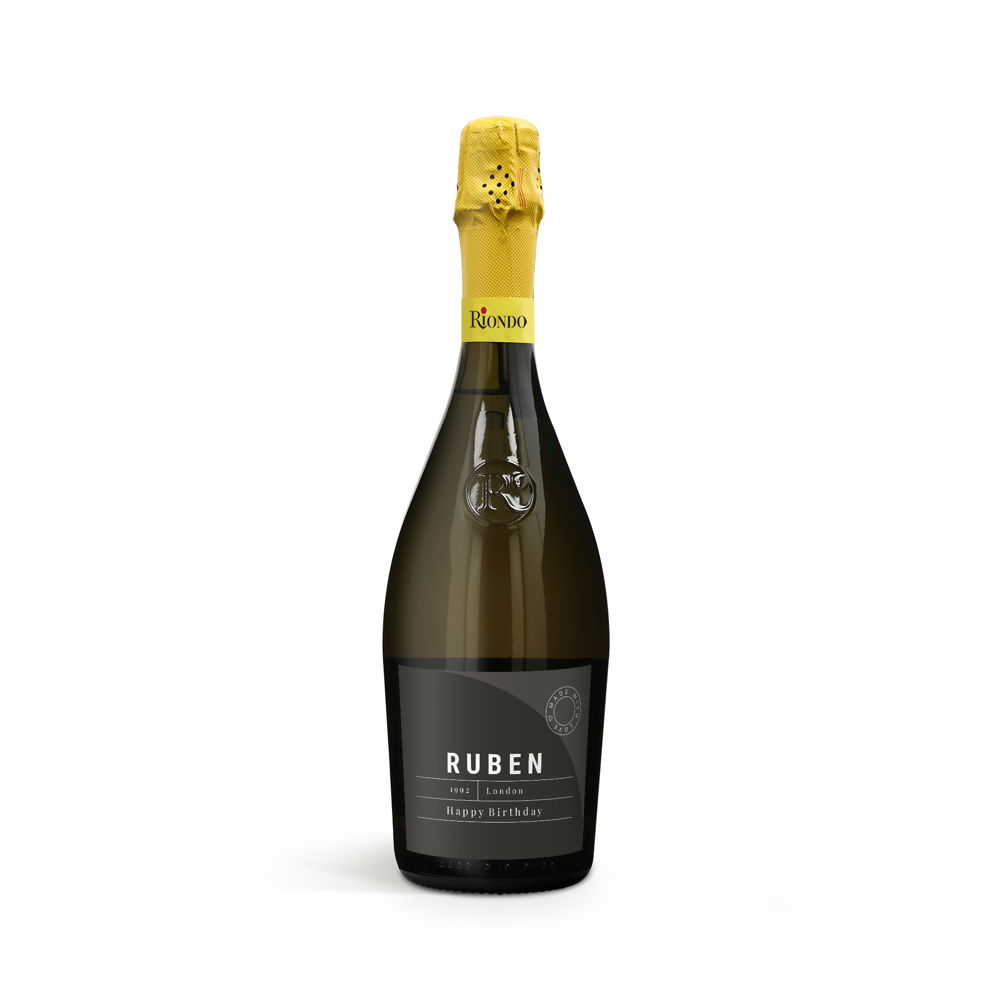 Riondo Prosecco Spumante s vlastní etiketou se jménem Ruben, 1992, London, Happy Birthday