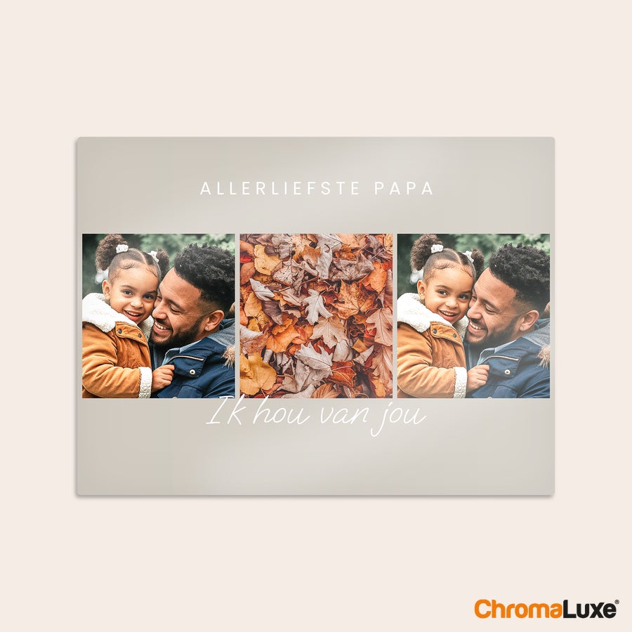 Foto collage op aluminium Instacollage van aluminium met foto's van vader en kind, tekst Allerste Papa en Ik hou van jou, geprint met jouw Instafoto's direct aan de muur