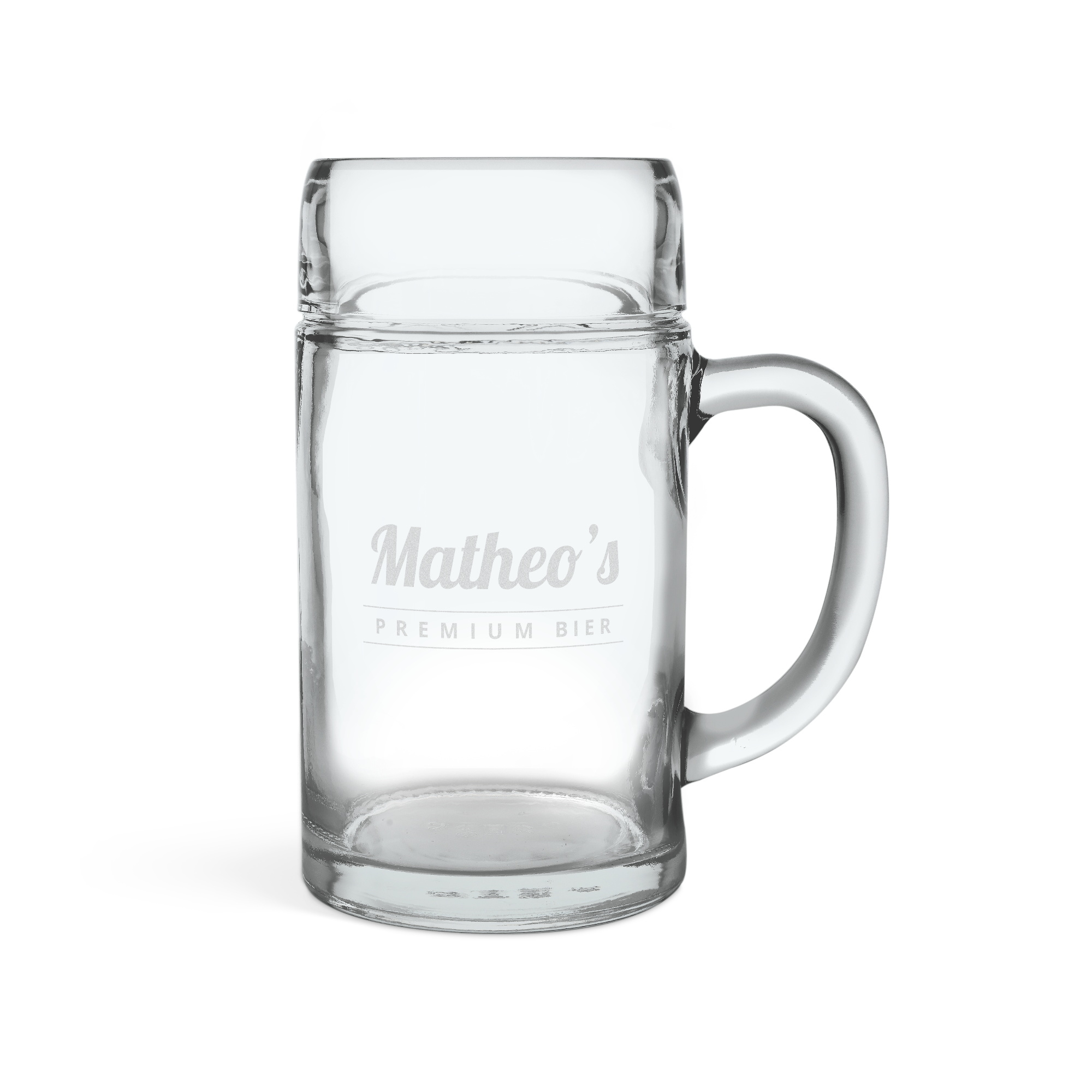 Gepersonaliseerde bierpul met "Matheo's Premium Bier" erop gegraveerd. Zeg proost op het goede leven!