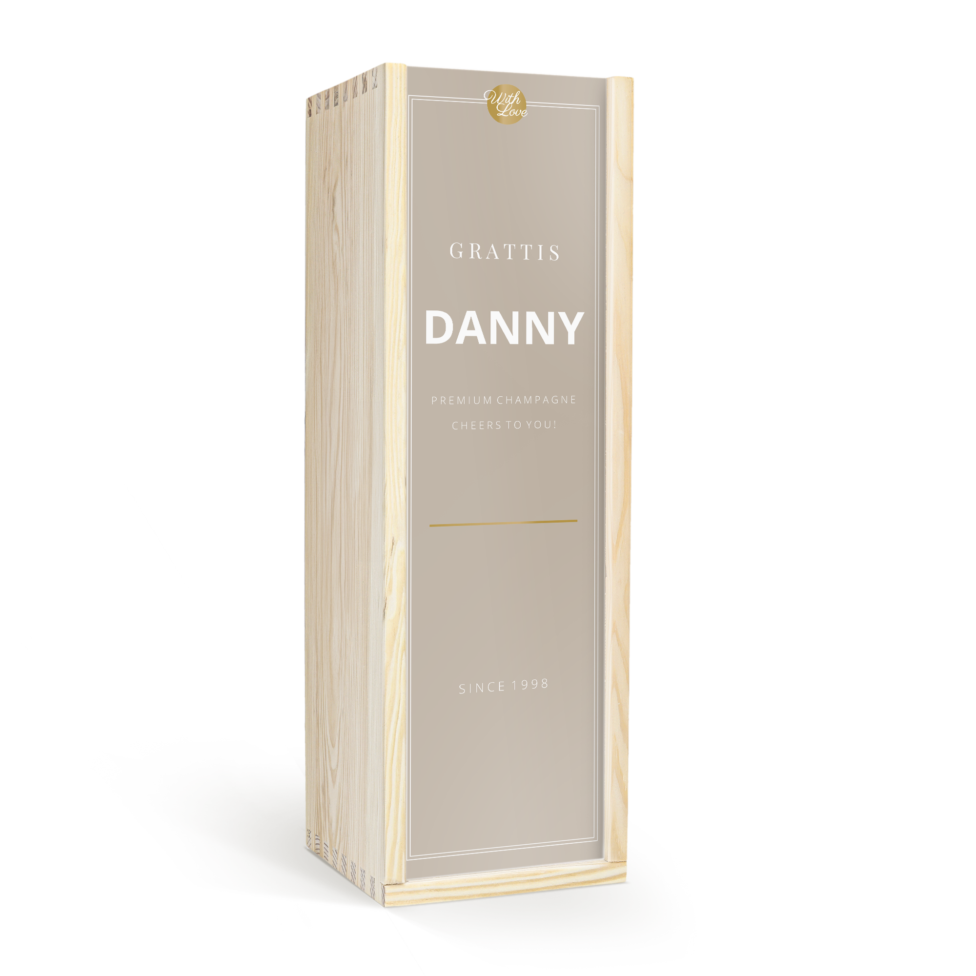 Personifierad träkista med Moët & Chandon champagne, tryckt med texten GRATTIS DANNY