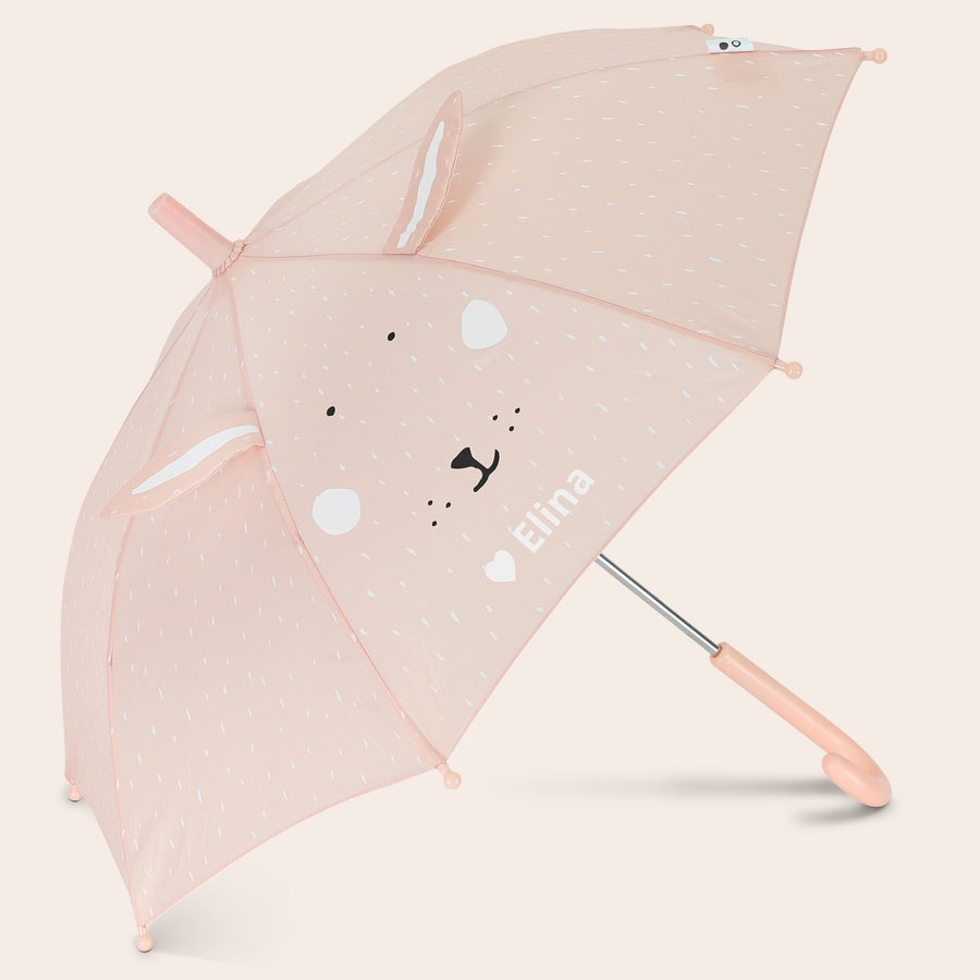 Kinderregenschirm Bedrucken Personalisierter Kinderregenschirm mit Hasenmotiv in Rosa, bedruckt mit dem Namen Elina und einem Herz