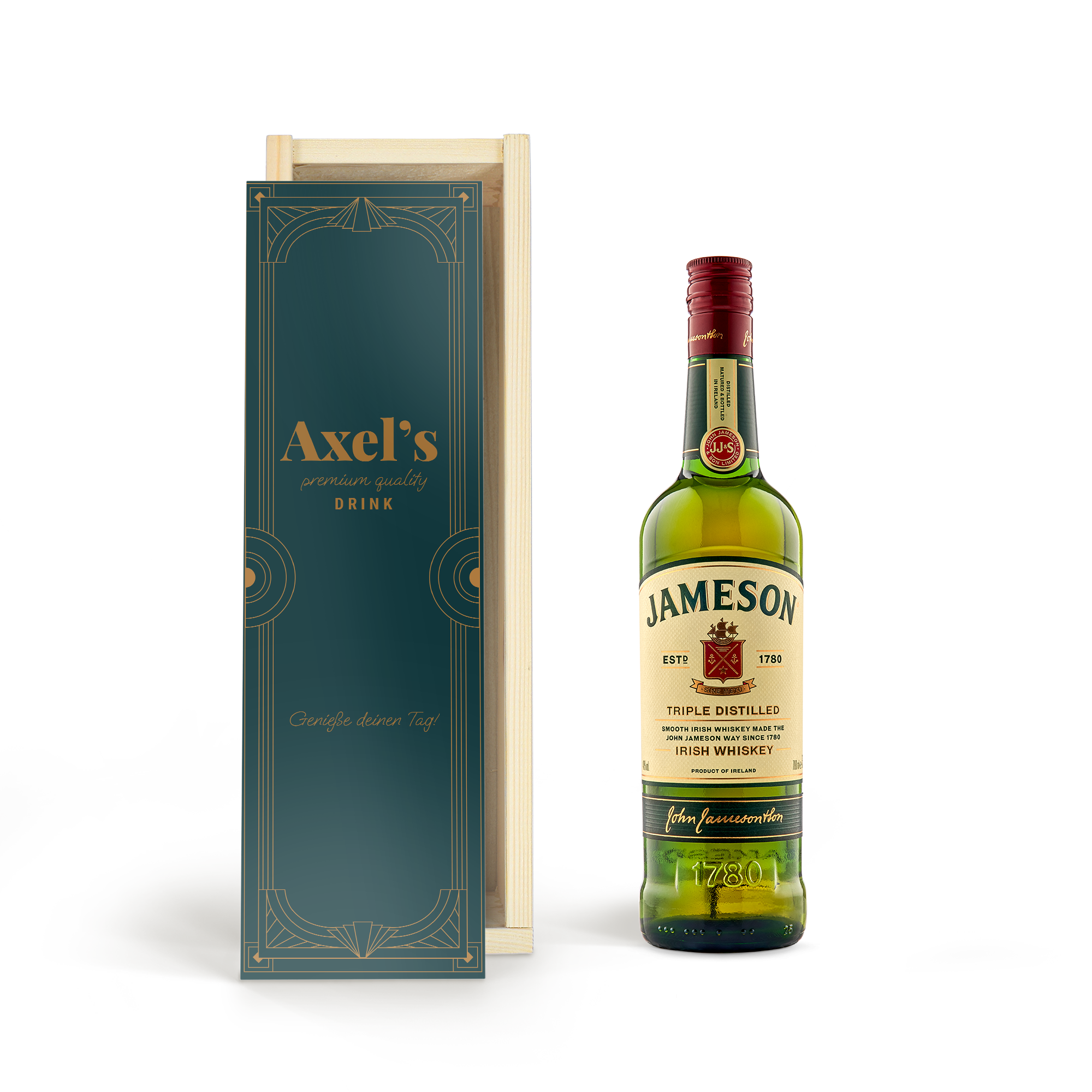 Jameson Whisky in personalisierter Holzkiste mit Aufdruck "Axel's" und "Genieße deinen Tag!"