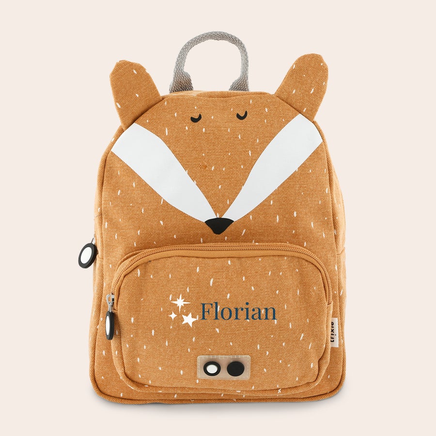 Kindergartenrucksack mit Namen - Trixie Kindergartenrucksack mit Fuchs-Design in Orange, bedruckt mit dem Namen Florian auf der Fronttasche