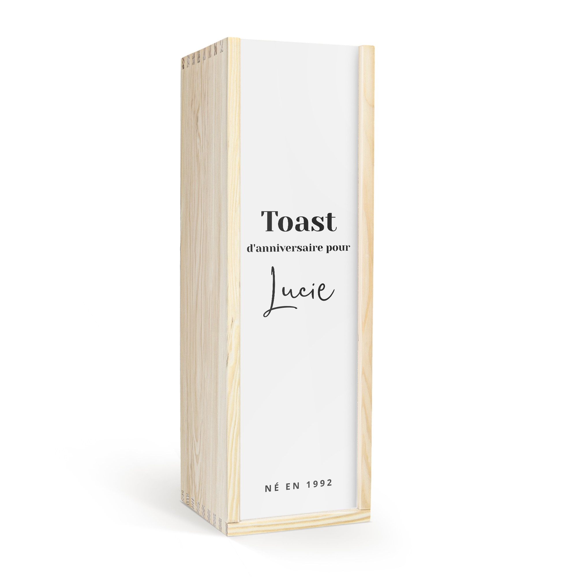 Magnum de Moët & Chandon dans un coffret en bois personnalisé avec Toast d'anniversaire pour Lucie