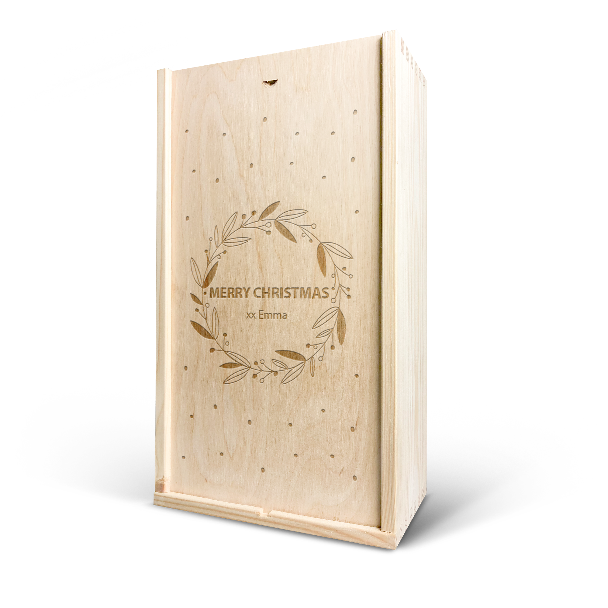Caja de vino de lujo en madera clara grabada con un diseño de corona de Navidad y el texto Merry Christmas xx Emma