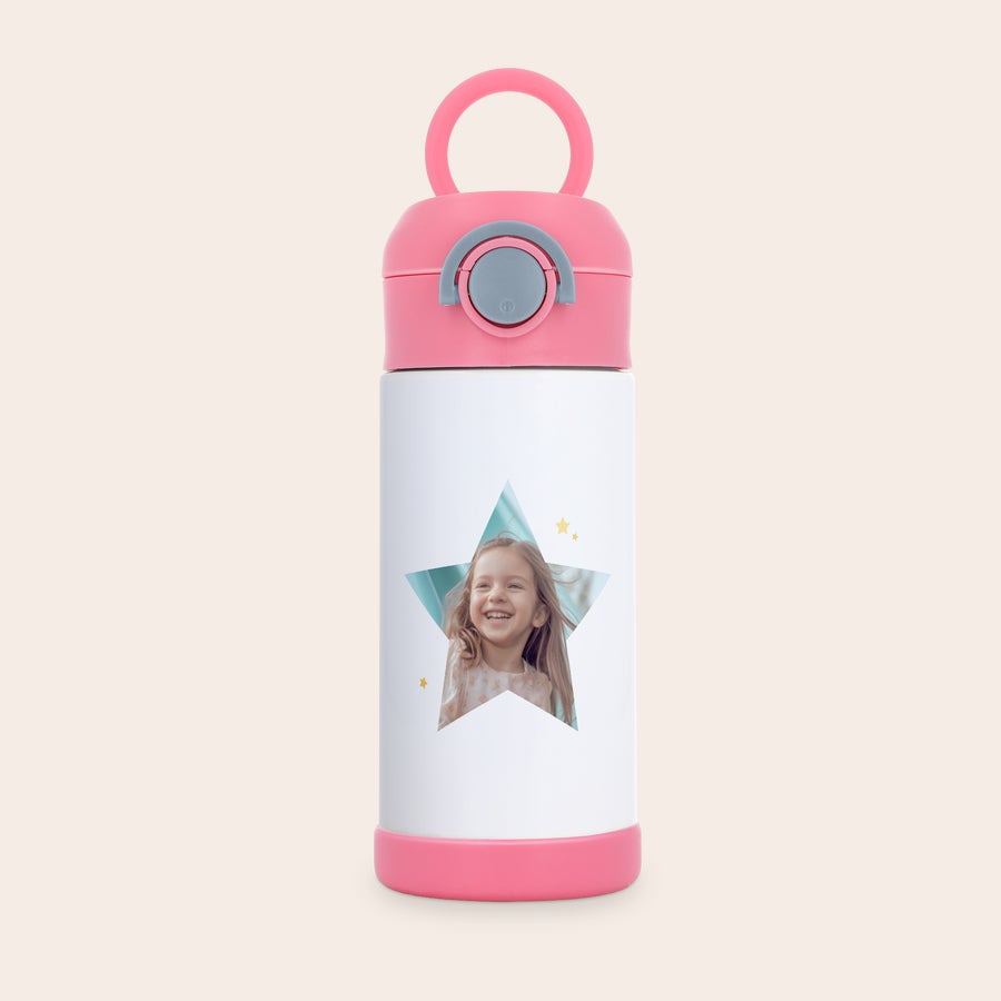 Garrafa de água para crianças com fotografia Garrafa de água de aço inoxidável rosa personalizada para crianças, com foto impressa de uma menina sorrindo em forma de estrela.