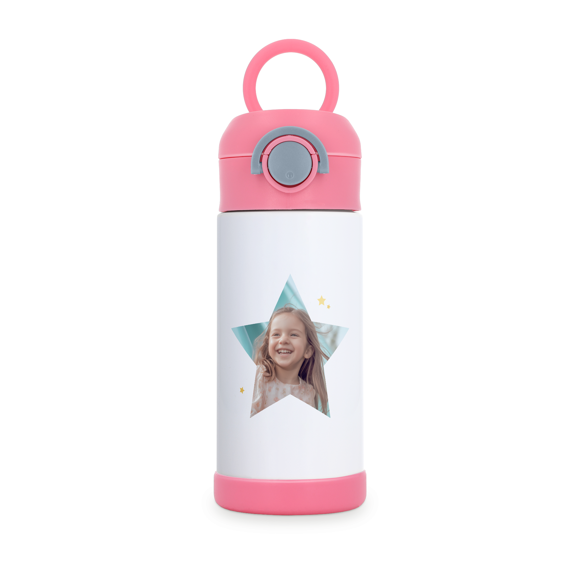 Garrafa de água de aço inoxidável rosa personalizada para crianças, com foto impressa de uma menina sorrindo em forma de estrela.