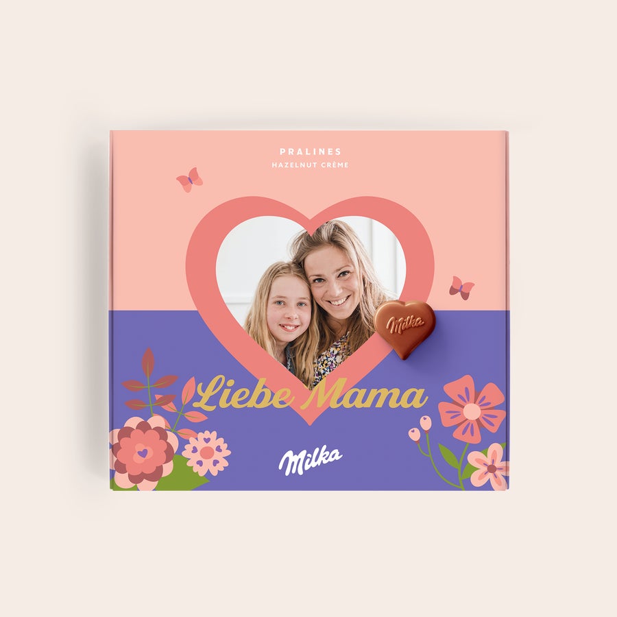 Milka Muttertag Sag es mit Milka diesen Muttertag mit einer personalisierten Schokoladen Geschenkbox bedruckt mit einem Foto und dem Text Liebe Mama