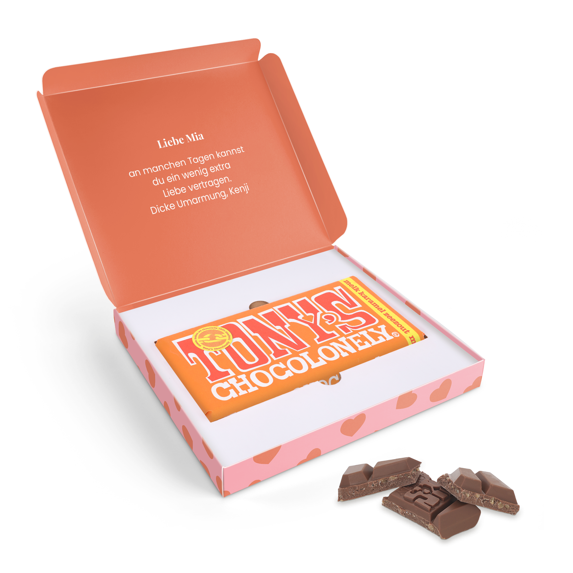 Personalisierte Tony's Schokolade mit Milchkaramell und Meersalz in einer Geschenkbox, bedruckt mit "Liebe Mia", einer Botschaft und Herzen.