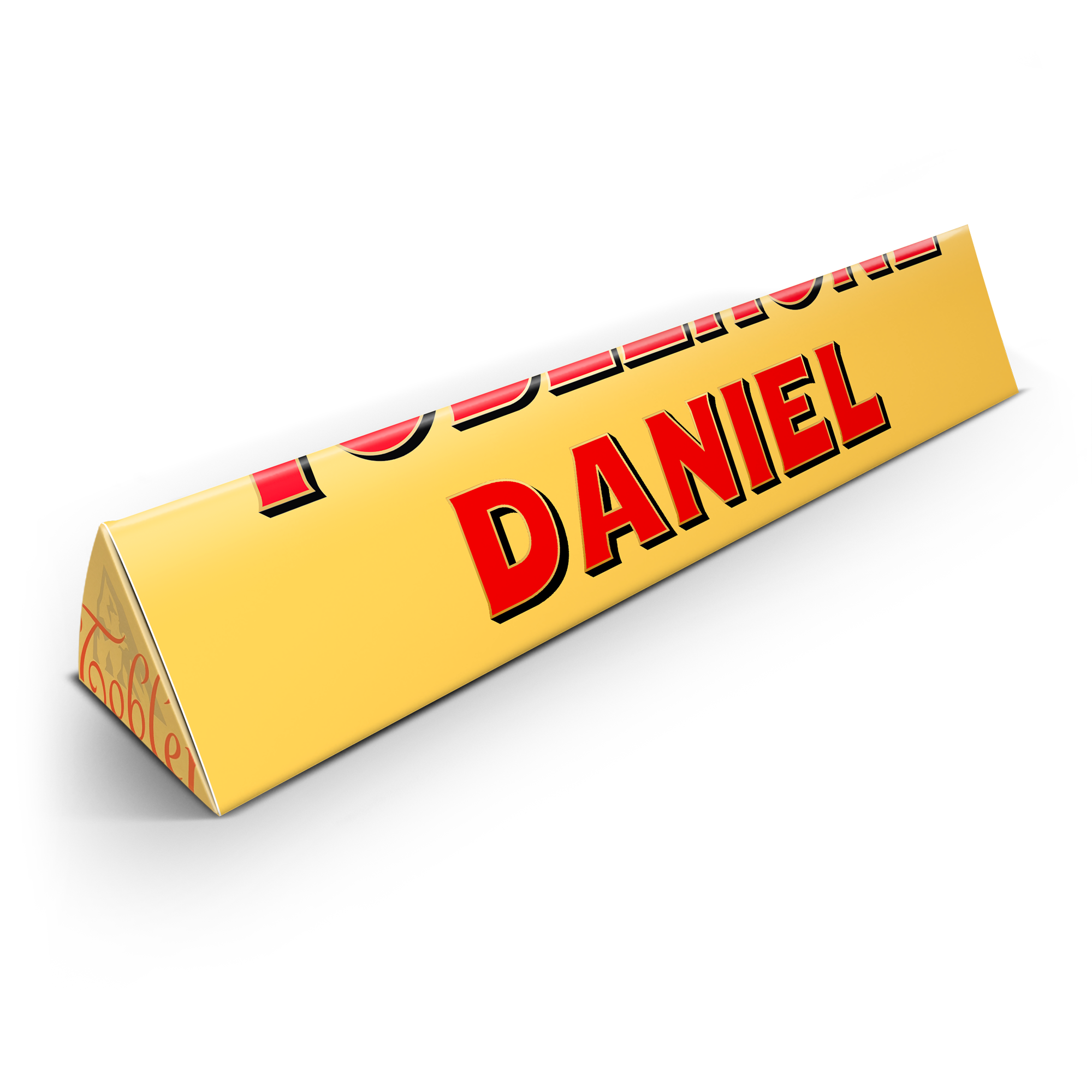 Keltainen suuri Toblerone-patukka, johon on painettu nimi Daniel punaisin kirjaimin.