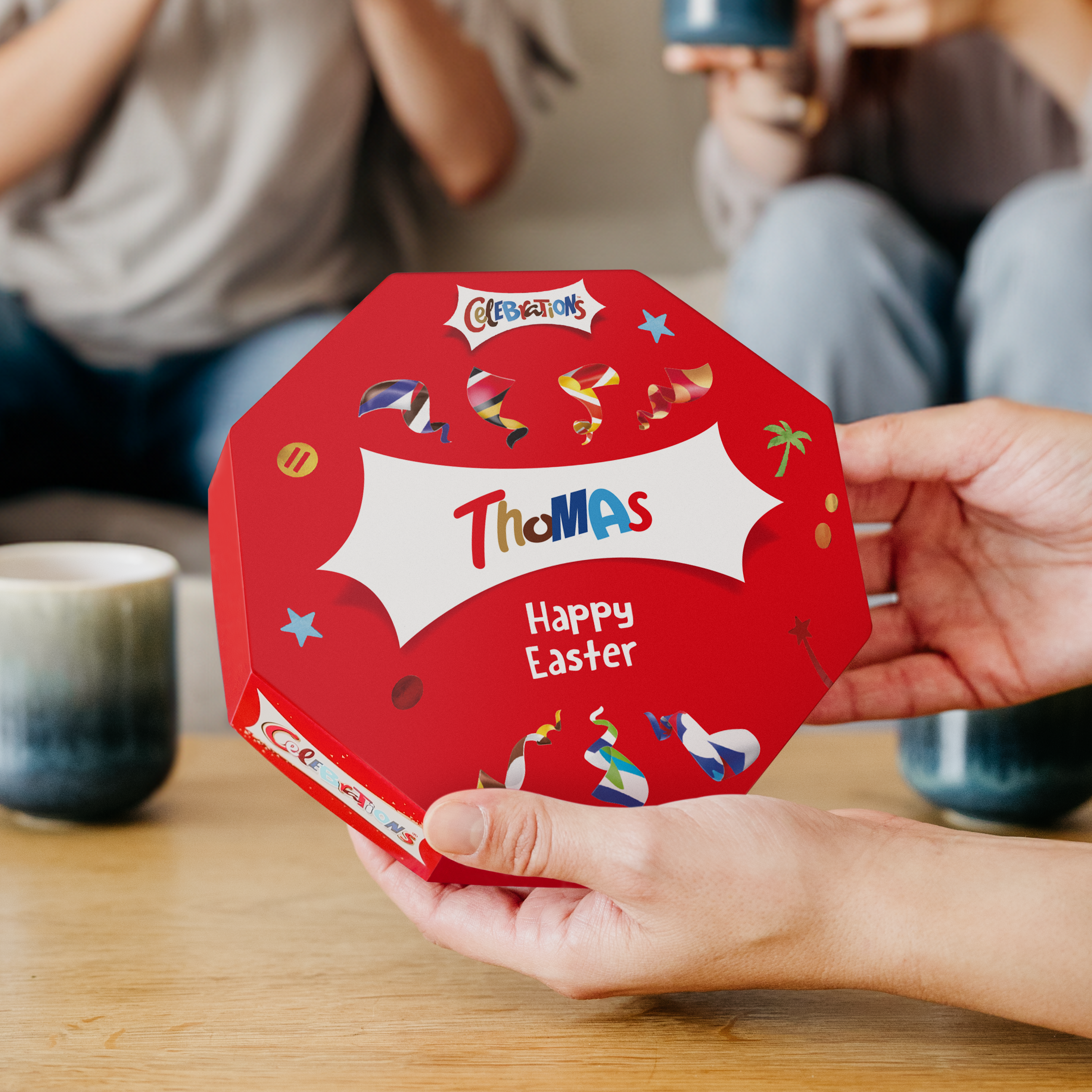 Red Celebrations box with name Thomas and Happy Easter message, customized with printed design.