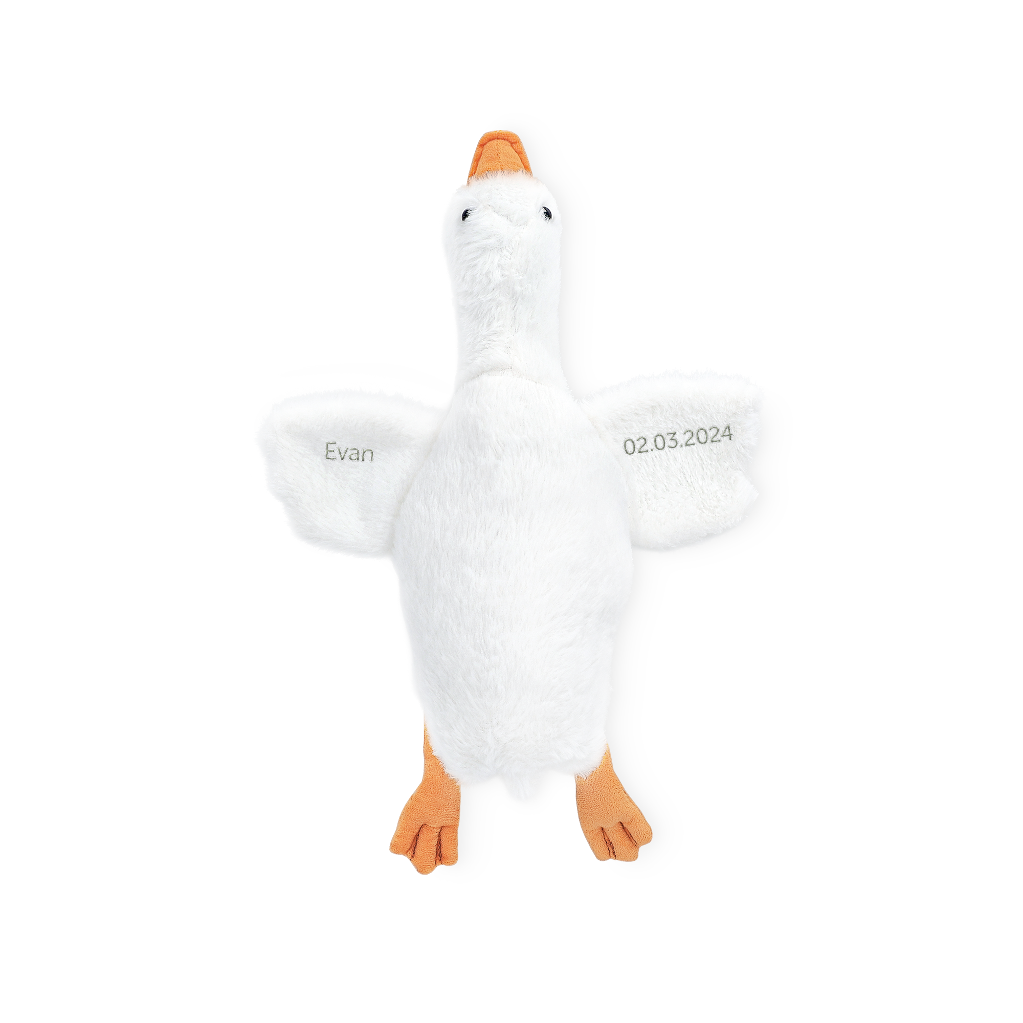 White goose personalised cuddly toy with Evan and 02.03.2024 embroidered on its wings