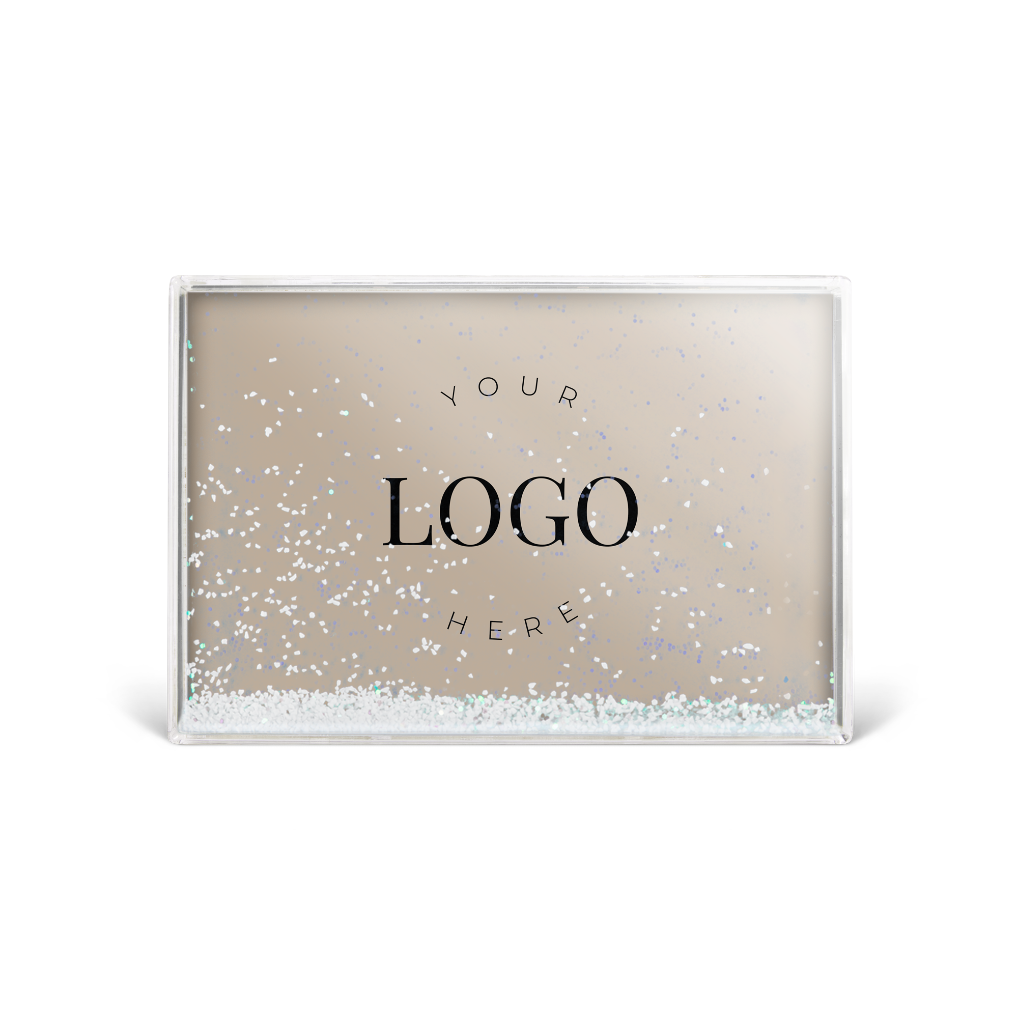 Glob de zăpadă dreptunghiular personalizat cu zăpadă și sclipici, imprimat cu textul Your Logo Here