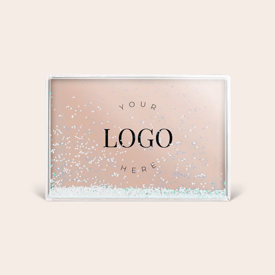 Glob de zăpadă personalizat - Dreptunghi Glob de zăpadă dreptunghiular personalizat cu zăpadă și sclipici, imprimat cu textul Your Logo Here