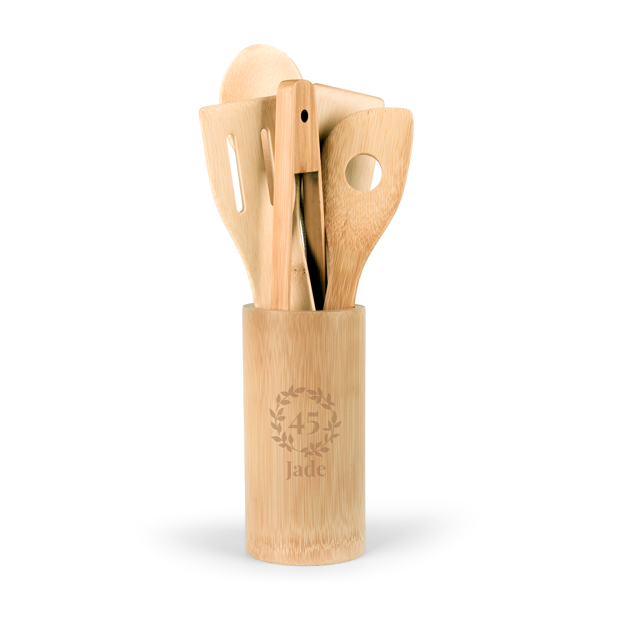 Personalized bamboo kitchen utensils engraved with the name Jade and a 45 in a wreath design.