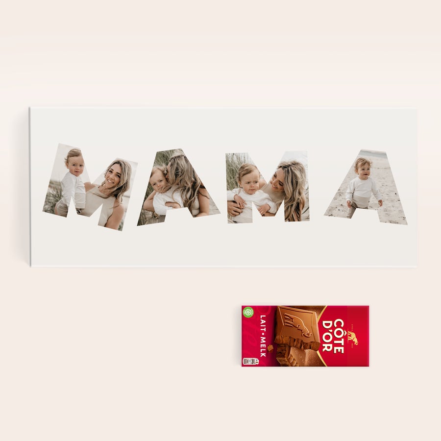 Riesen Côte d'Or Schokolade Personalisiert Personalisierte XXL-Schokoladentafel Côte d'Or - YSP-Design mit Fotoaufdruck vom Schriftzug MAMA, ideal zum Verschenken.