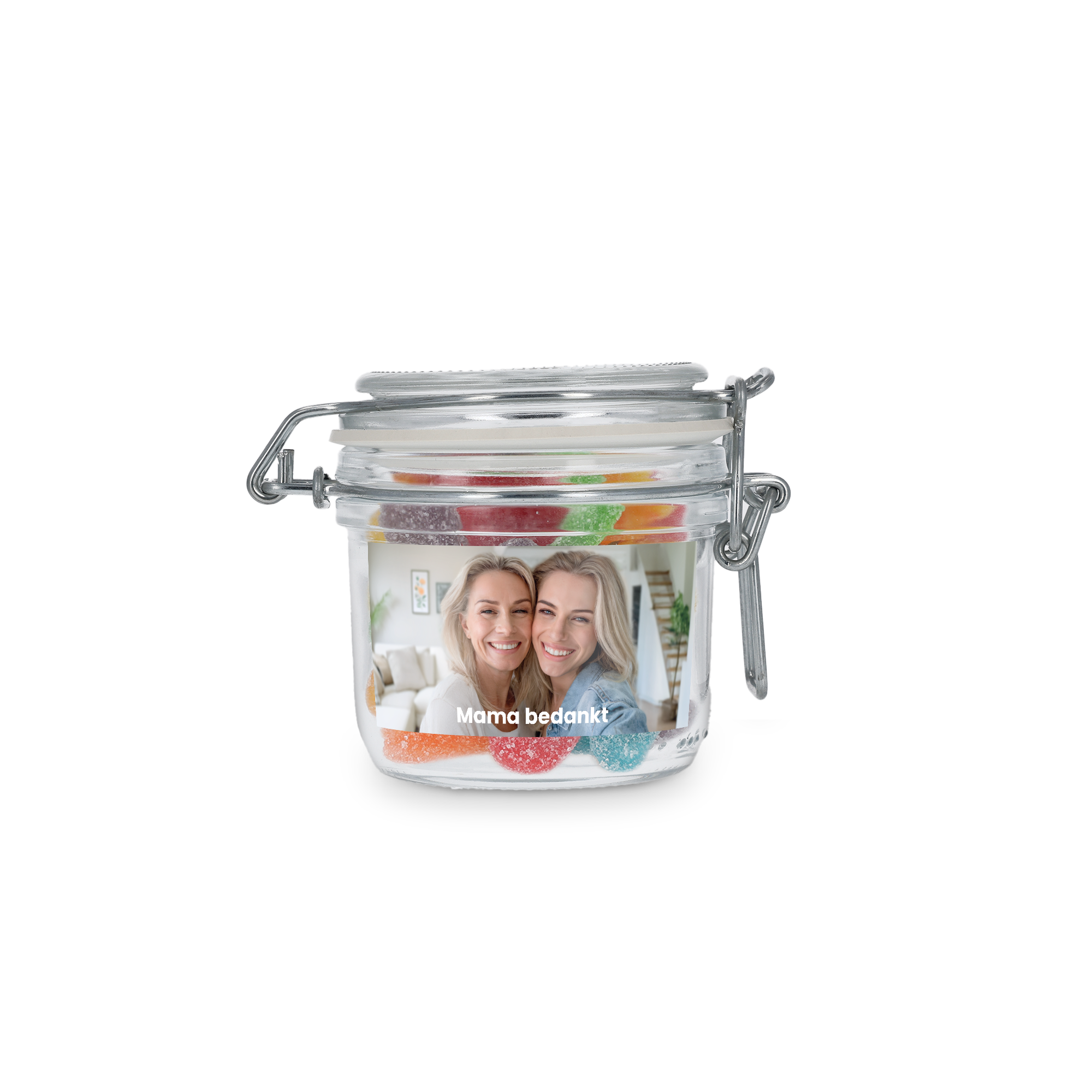 Gepersonaliseerde zoetpot met zure sticks, bedrukt met een foto van twee lachende vrouwen en de tekst "Mama bedankt"