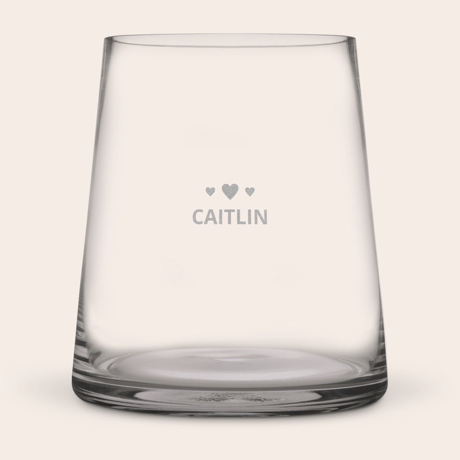 Vaso gravado com nome Vaso de vidro transparente gravado com três manchas pretas e uma área cinza personalizável, para dar um toque especial à sua casa.