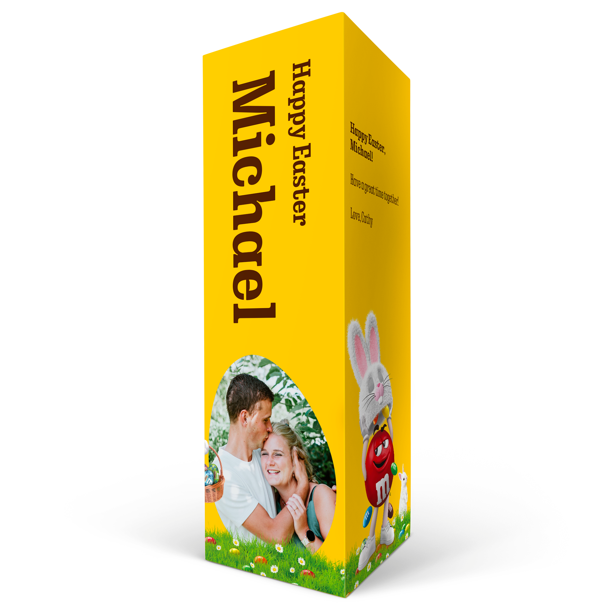 Personalised M&Ms gift box printed with a photo, the name Michael, and Happy Easter message