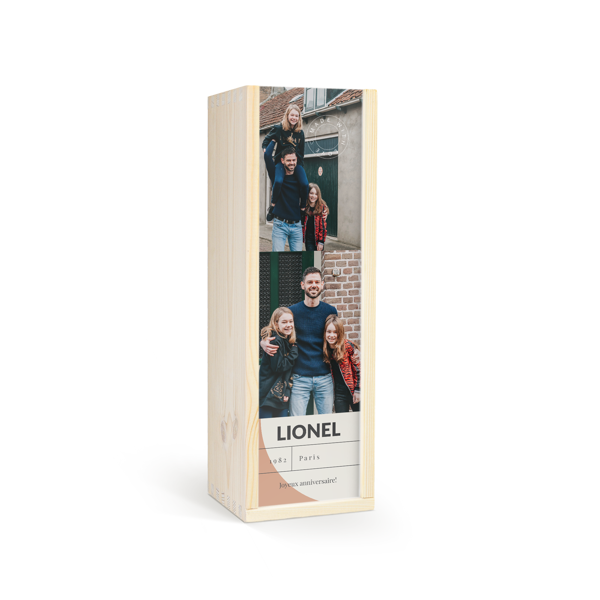 Coffret cadeau en bois clair personnalisé avec photos et texte Lionel Joyeux anniversaire pour une bouteille de whisky