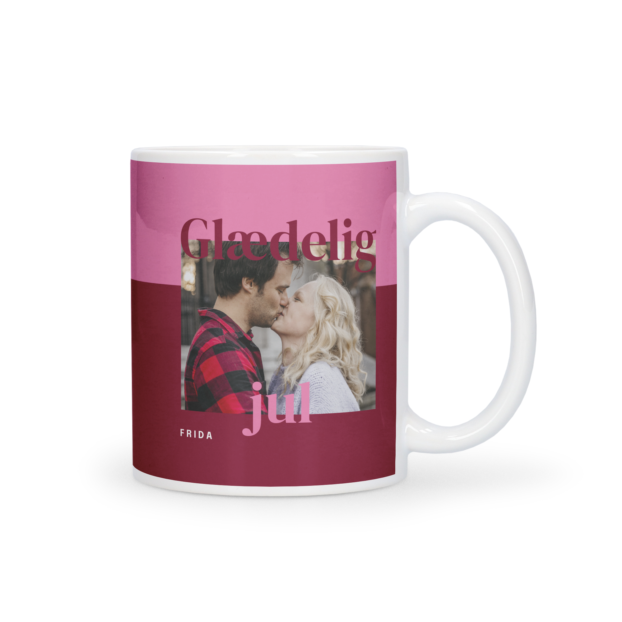 Originalt julekrus trykt med et billede af et kyssende par, teksten Glædelig jul og navnet FRIDA.