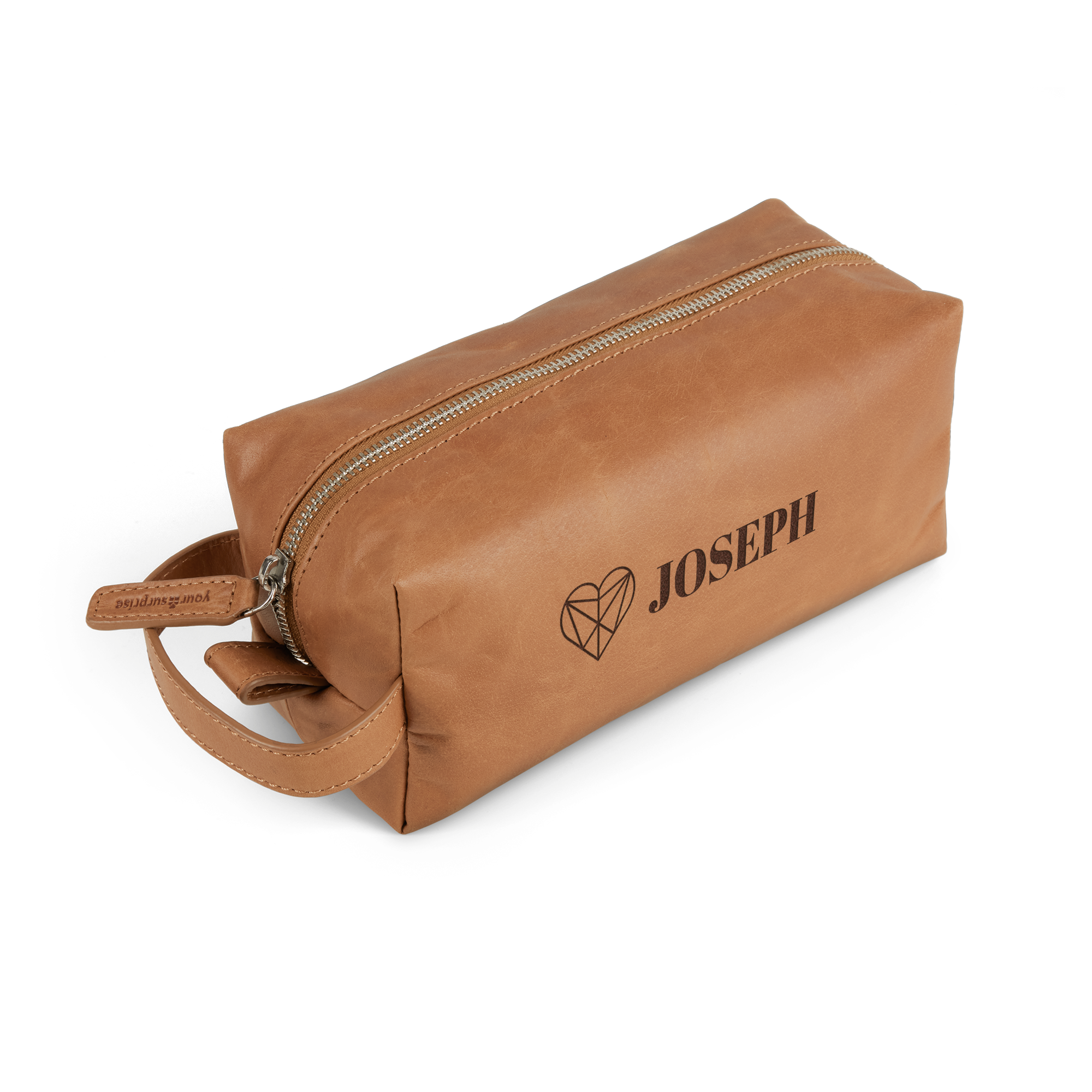 Borsa da toilette in pelle personalizzata con cerniera, con cuore stilizzato e nome inciso Joseph
