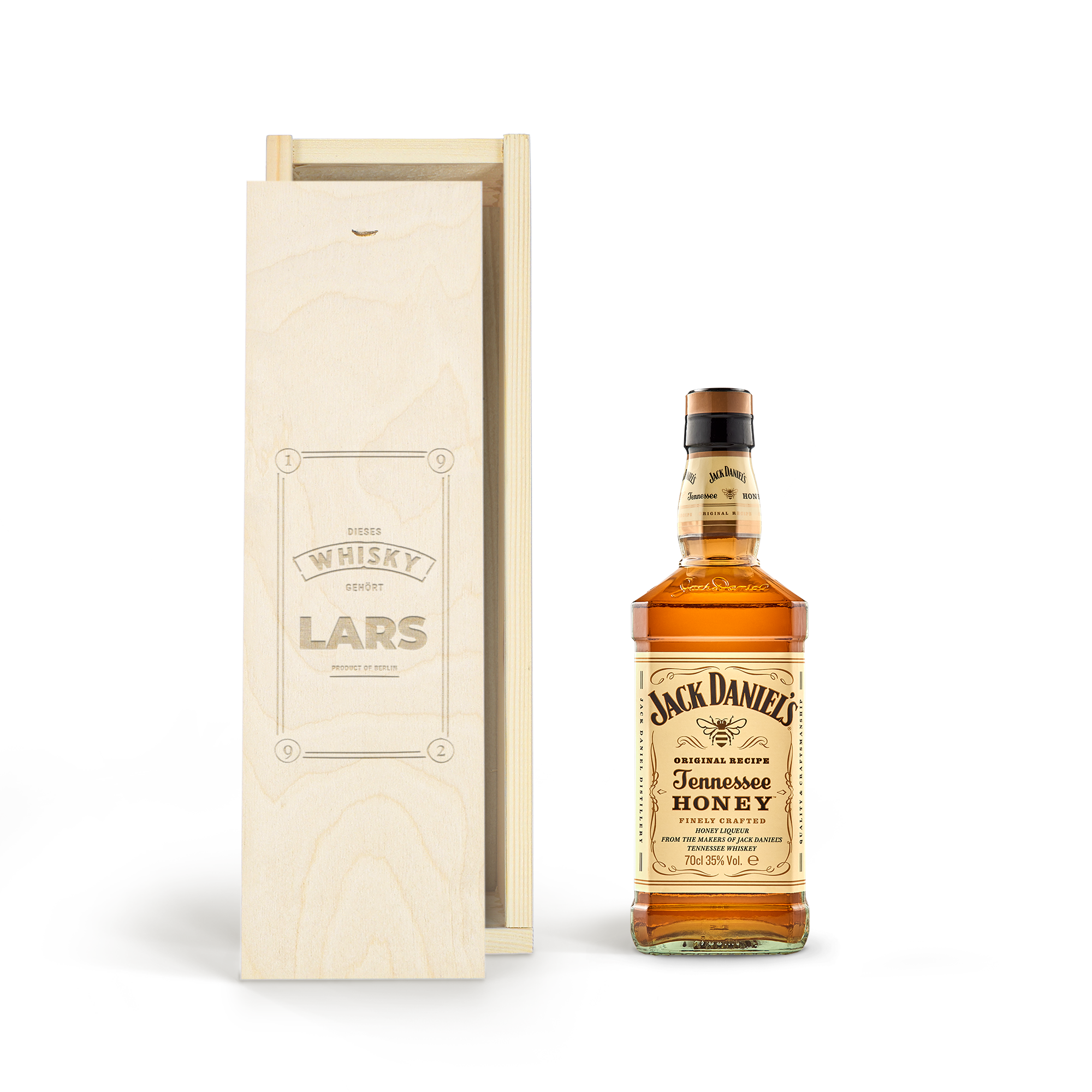 Jack Daniels Honey Whisky Flasche in personalisierter Holzkiste, graviert mit dem Namen "LARS"