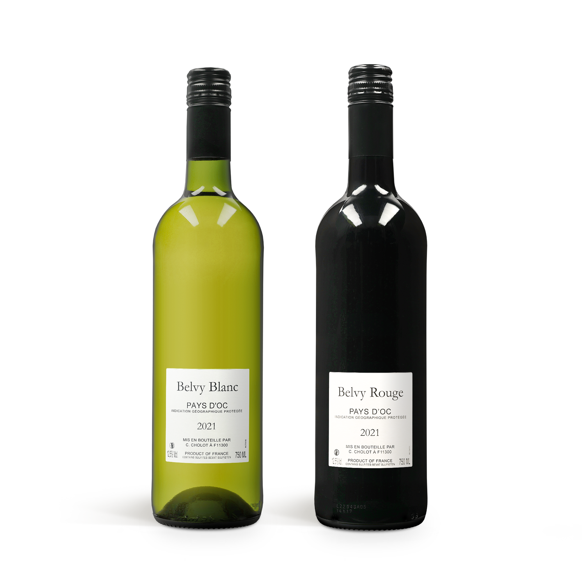 Set cadou cu sticle de vin alb si rosu Belvy, personalizabile prin imprimare cu o fotografie, nume sau text.