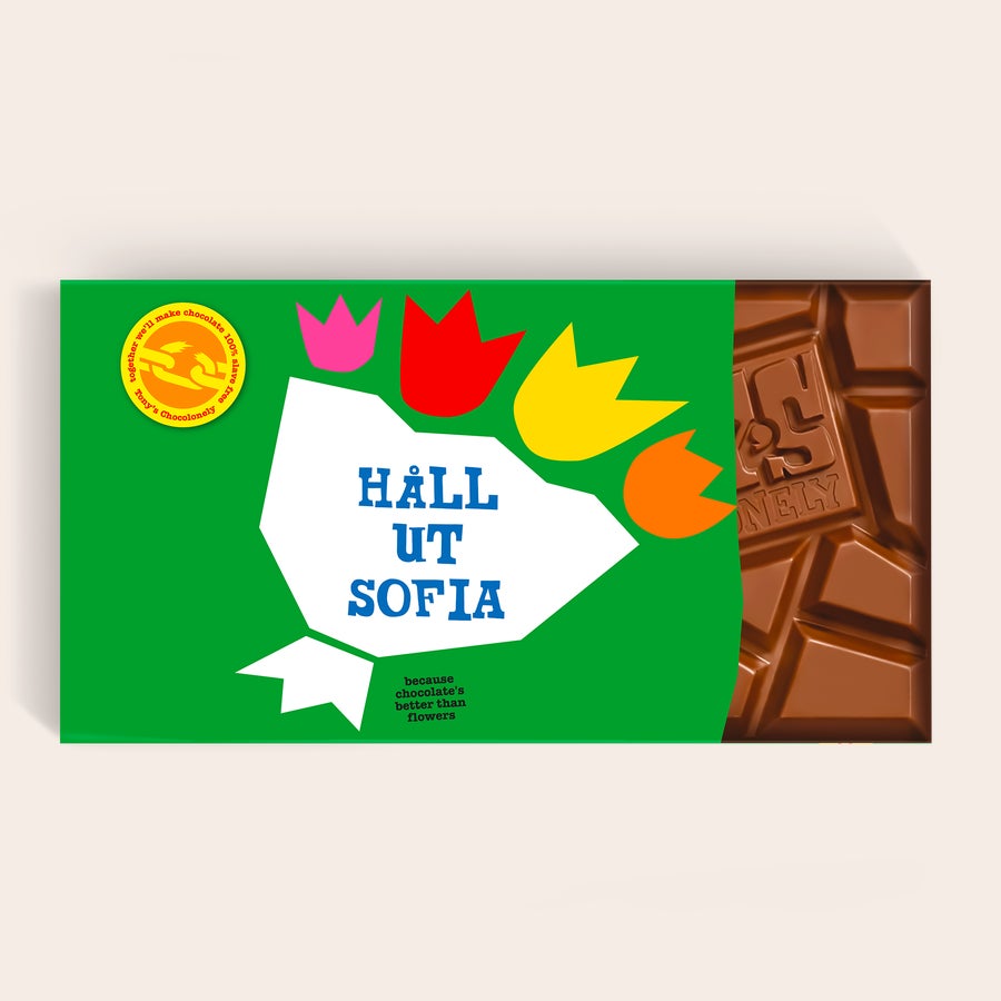 XL Tony's Chocolonely (5 chokladkakor) XL Tony's Chocolonely chokladkaka med namnet SOFIA tryckt på förpackningen, omgiven av tulpaner