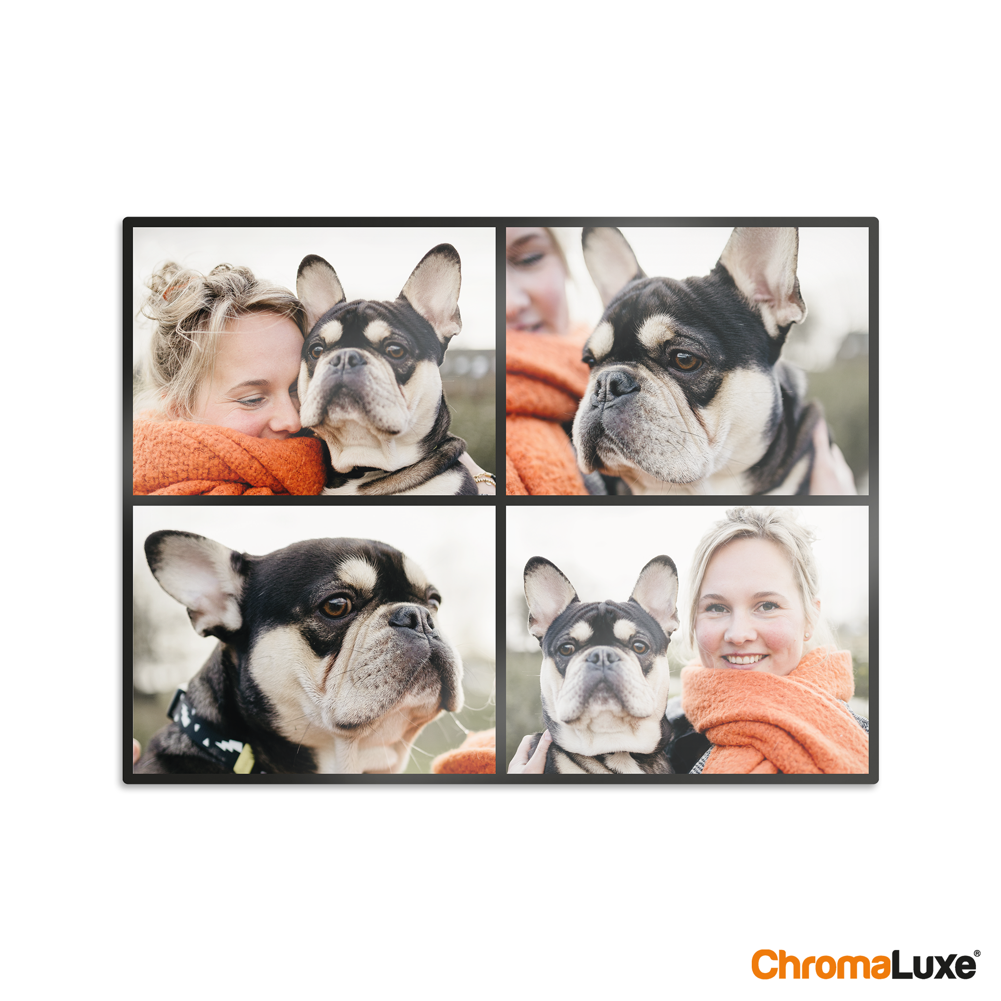 Personalized Instagram photo collage on aluminum, printed with four photos of a person and a French bulldog