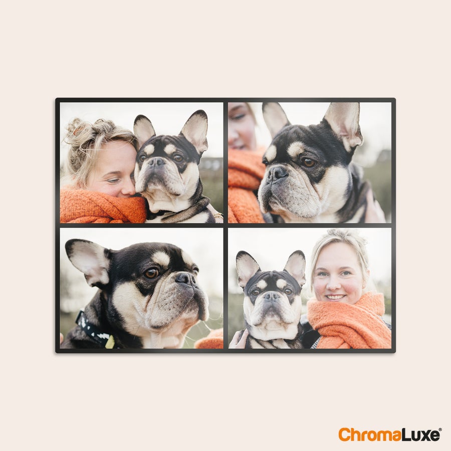Instagram photo collage Personalized Instagram photo collage on aluminum, printed with four photos of a person and a French bulldog