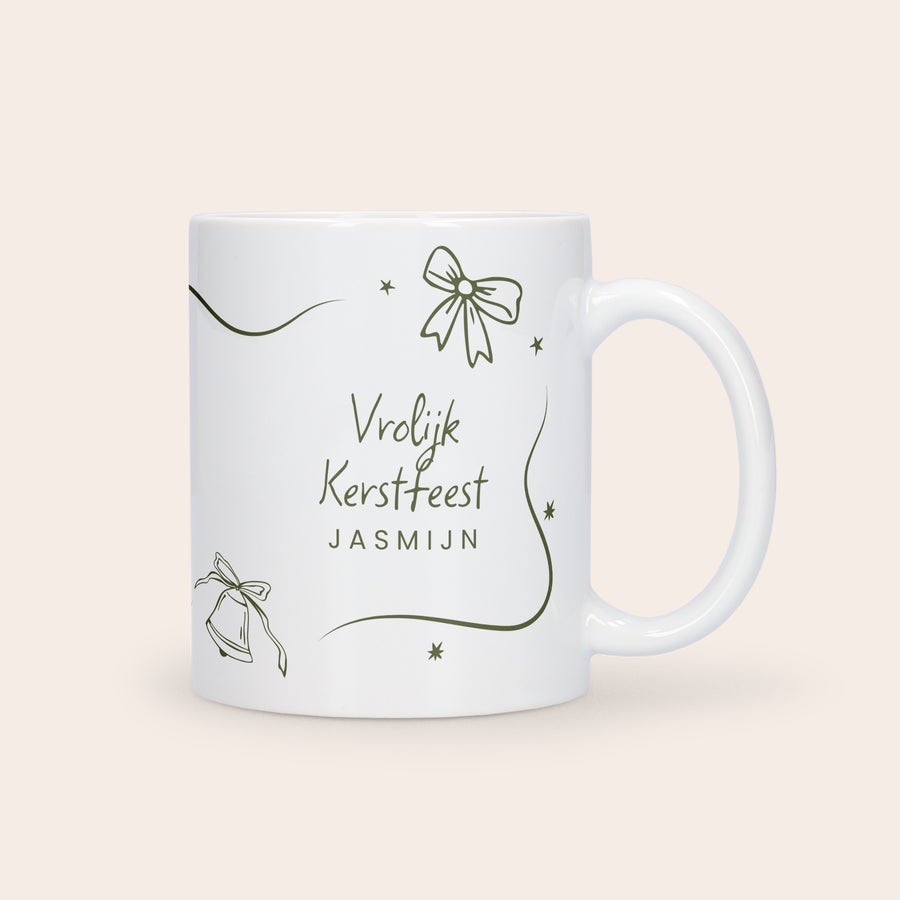 Mok met foto bedrukken - Wit Mok met foto - 325 ml, wit, bedrukt met kerstmotief, Vrolijk Kerstfeest en de naam Jasmijn.
