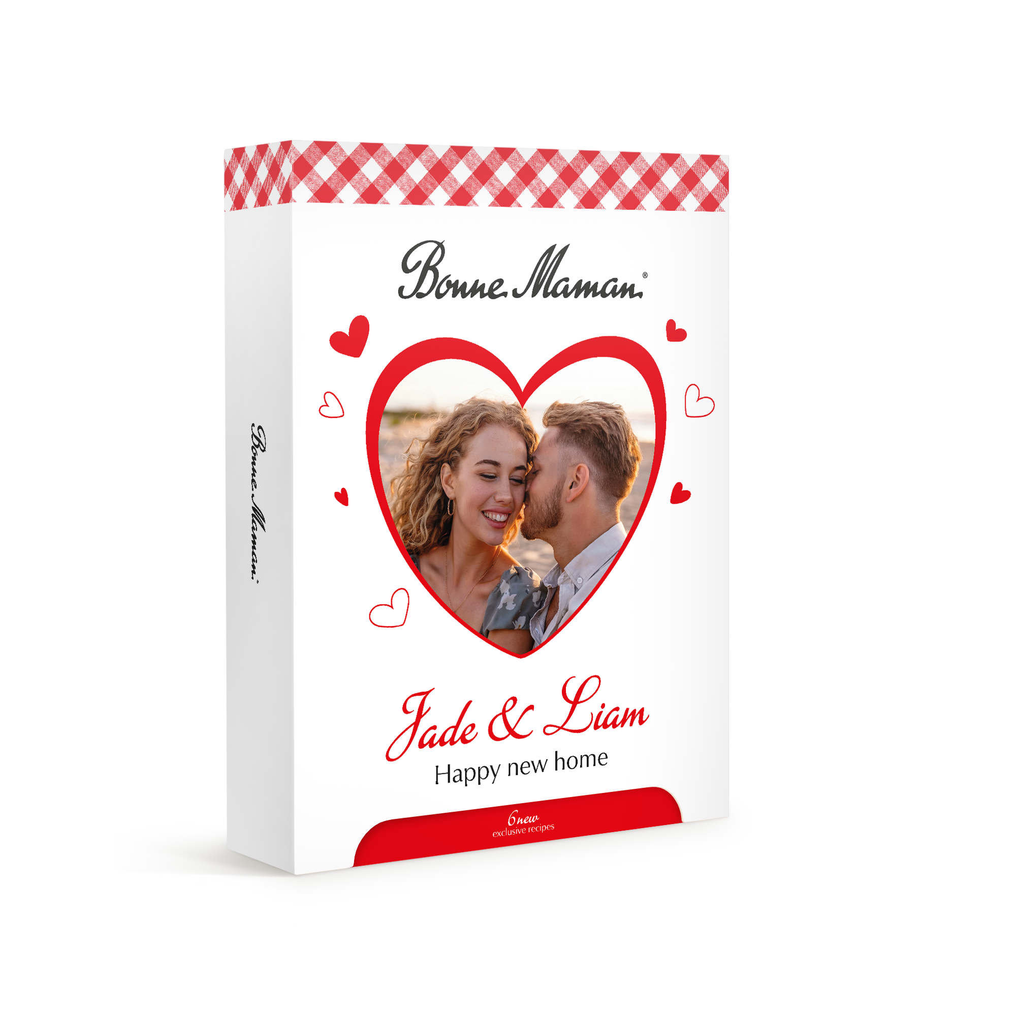 A Bonne Maman gift box with a personalized photo of a couple printed inside a heart design with text Jade & Liam Happy new home, a unique delicious gift.
