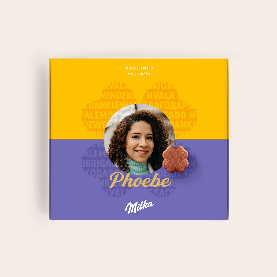 Milka Praliné Köszönöm Személyre szabott Milka ajándékdoboz fotóval, Phoebe névvel és pralinéval, ízletes módja annak, hogy köszönetet mondj