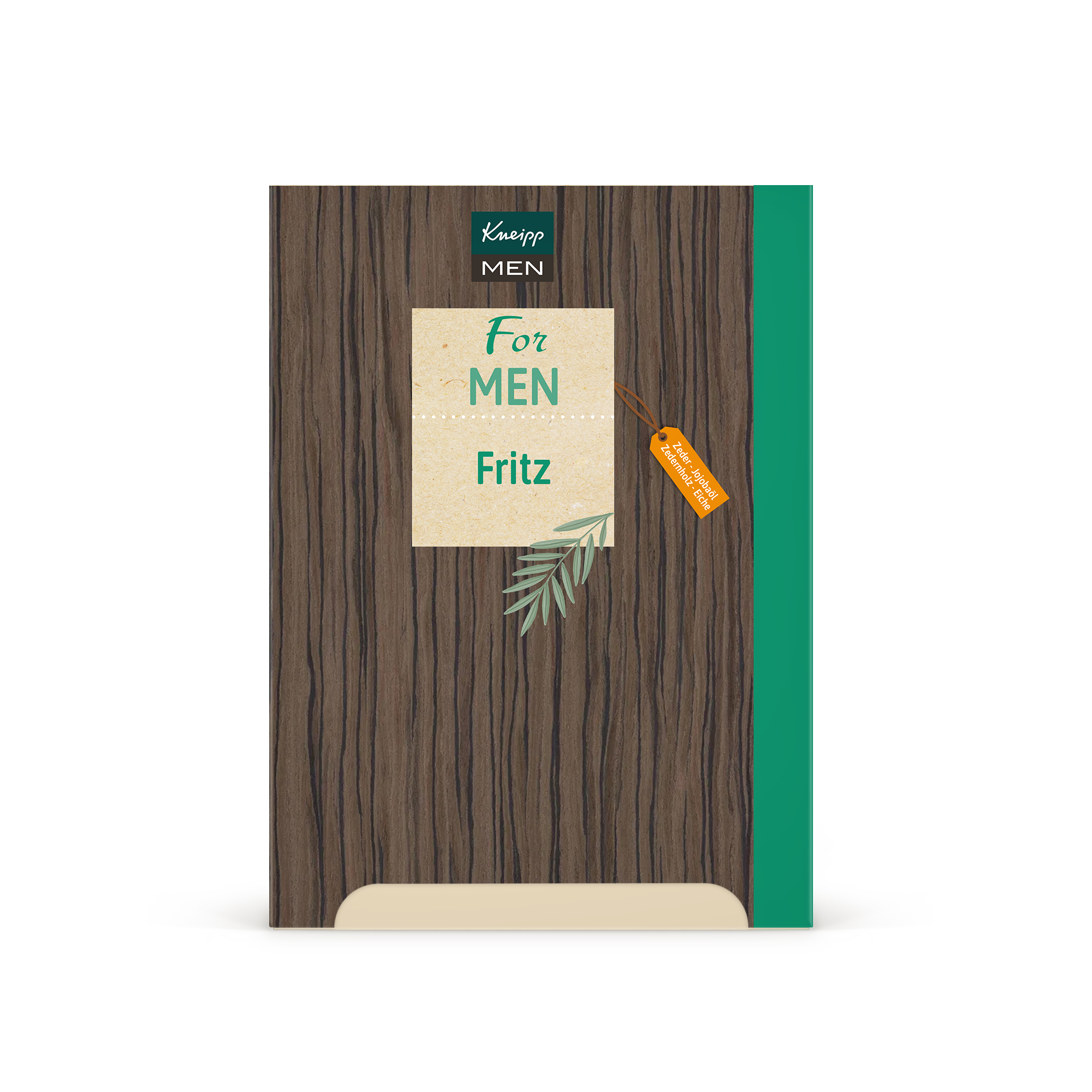 Personalisiertes Kneipp Geschenkset für Männer, mit dem Namen Fritz in Grün auf der Banderole gedruckt.
